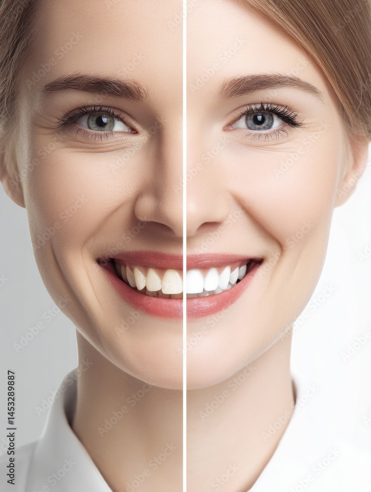 Poster Before and After Teeth Restoration With a Split Face Showcasing Improved Smile and Confidence Generative AI