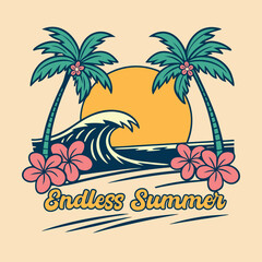 Summer T shirt Design Endless Summer Tropical Sunset Scene with Palm Trees and Ocean Wave