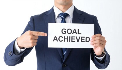 Confident Japanese man in suit pointing proudly at goal achieved message