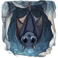 Cartoon Bat Hanging Upside Down in Cave Isolated on Transparent Background