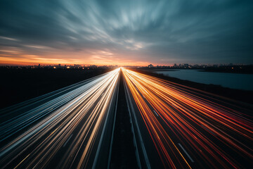 Highway Traffic at Dusk with Light Trails from Moving Cars