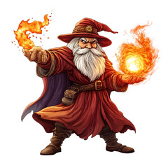 A Cartoon Wizard Casting a Fireball Isolated on Transparent Background