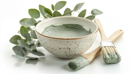 White ceramic bowl with green clay face mask, brush, and eucalyptus leaves on white background.