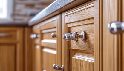 Fototapeta premium Elegant Kitchen Cabinetry: Close-up of Luxurious Wooden Cabinets with Polished Metal Hardware