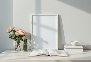Clean Desk Scene with Open Book and Blank Photo Frame