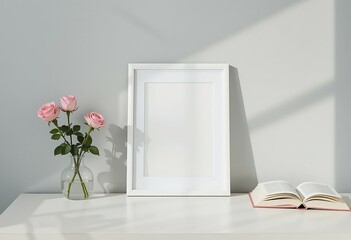 Blank Frame on Table with Book and Roses in Vase