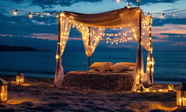 Romantic setup on beach at dusk; love scene, honeymoon, cozy sleep, evening