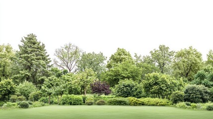 Wide-angle shot of an expansive park with various tree species and shrubs on white background