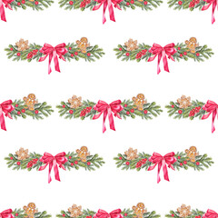 Naklejka premium Watercolor seamless pattern with Christmas tree branch and gingerbread man and berry and red bow on white background. Forest for card. Hand-drawn art for New Year celebration wallpaper or wrapping