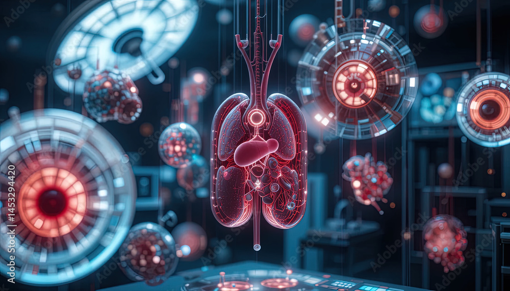 Poster digital rendering of a human lung system, suspended in mid-air within a complex, futuristic laborato