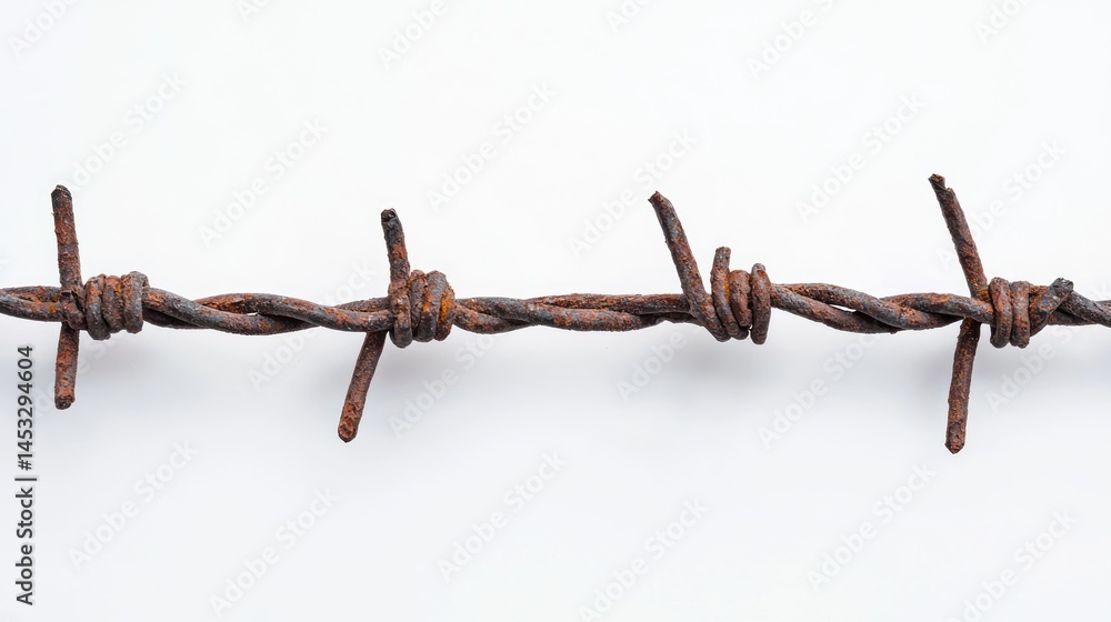 Poster sharp barbed wire segment with broken ends on white background.
