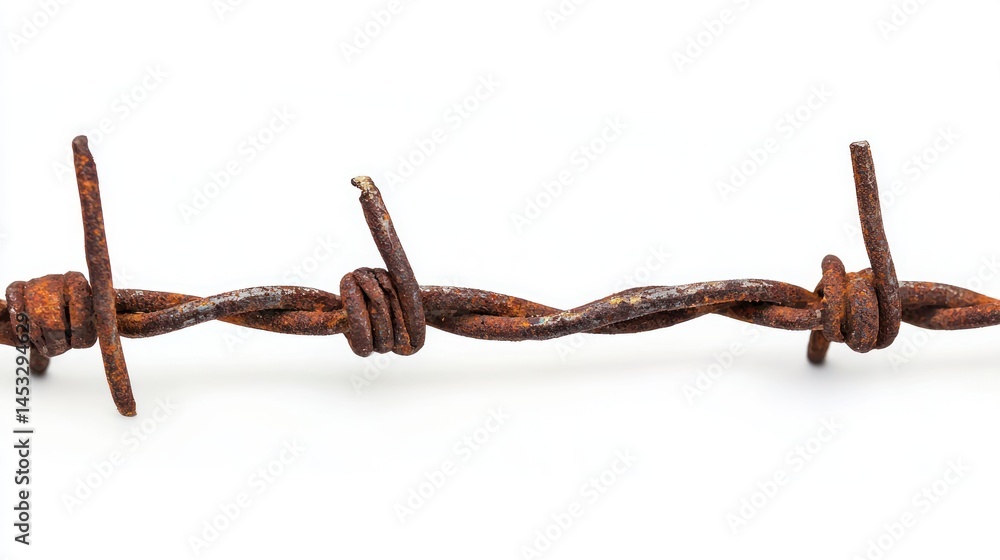Poster sharp barbed wire segment with broken ends on white background.