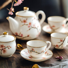 Fototapeta premium Full Set Advanced Bone China Blossom white color Coffee Set Porcelain Tea Cups Mugs Ceramic Pot Jug Jar Cup Saucer Set Drinkware For Gifts.