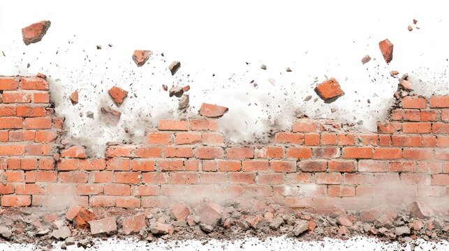 Shattered red brick wall with dust and debris on white background.