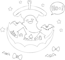 Spooky Halloween Ornament: Cute Ghost and Haunted Houses Line Art