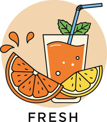 Fresh orange and lemon juice glass with straw and mint leaves vector illustration for healthy beverage concept