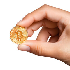 cryptocurrency, finance and business concept - close up of female hand holding golden bitcoin over white background. Ai Generated Images