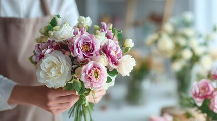 Obraz premium Close-up of a florist holding a beautiful bouquet of roses and peonies.