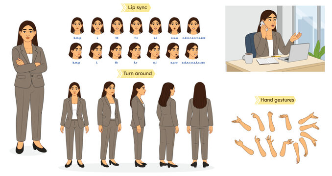 Business Female/ Woman Character Model Sheet &ndash; Office Setting Illustration. Business woman Creation Set, Animation Character, 2d Animated Character, Character Model Sheet. Business Woman Model sheet.