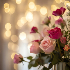 Romantic pink roses and flowers against a blur bokeh background with copy space 