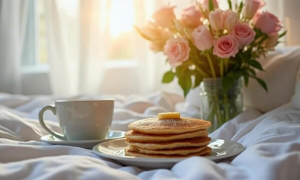 A cozy breakfast scene featuring a stack of pancakes with butter, a cup of coffee, and a vase of pink roses on a bed with soft linens