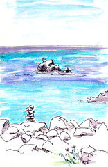 a stone cairn on the shores of the mediterranean sea in calabria, italy. watercolor travel sketch