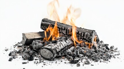 Small fire logs burning with bright flames and scattered ash on white background.