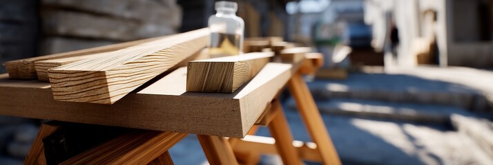 Wooden planks and construction materials on a worktable
