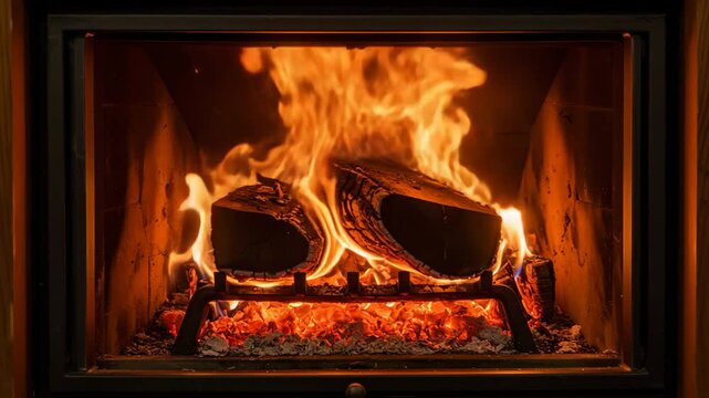 fireplace with fire, Christmas time. Wood burning in a cozy fireplace at home 4k footage, Home fireplace with red flame and firewood. 4K video relaxing endless footage. fire in fireplace