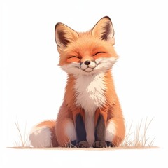 Fototapeta premium Adorable, smiling fox sitting on ground; fluffy, orange, and cartoon-styled
