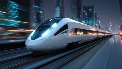 Fototapeta premium High-Speed Train Journeys Through Cityscapes at Night, Modern Rail Travel in Urban Environments.