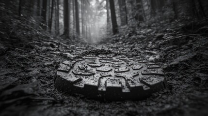 Hiking boot print in forest path, misty morning