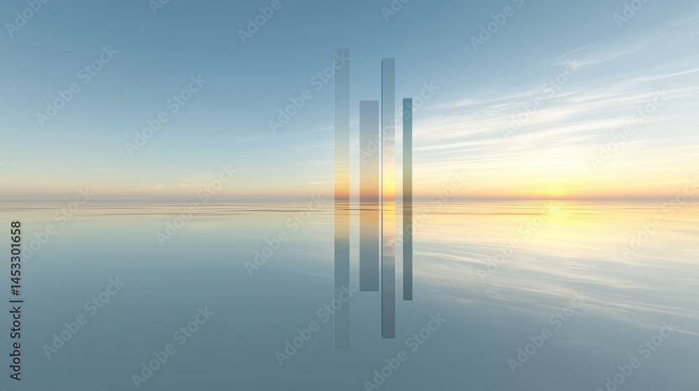 Poster abstract minimalist cityscape with three glass skyscrapers reflecting sunset over calm water, clean 
