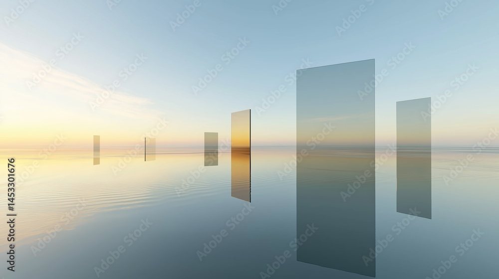 Poster abstract minimalist cityscape with three glass skyscrapers reflecting sunset over calm water, clean 