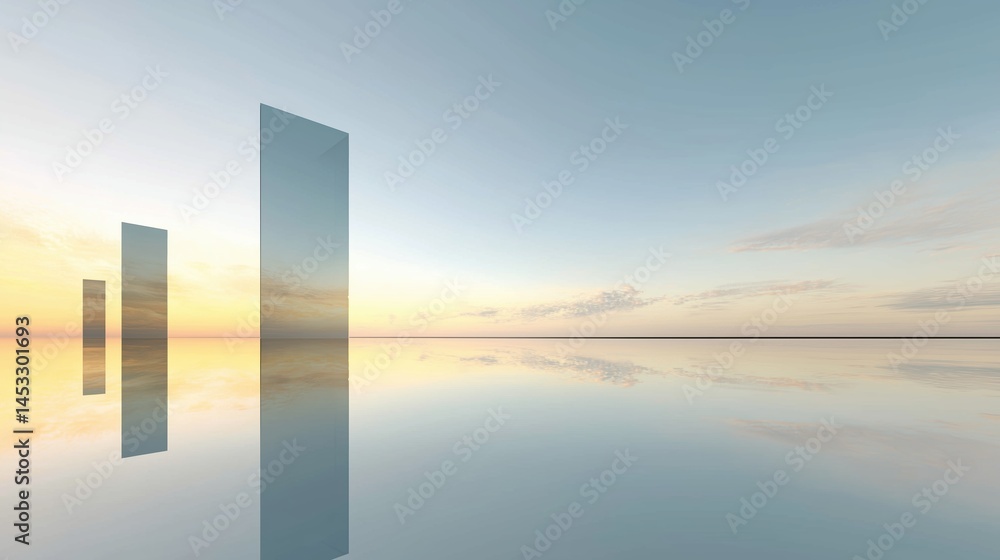 Poster abstract minimalist cityscape with three glass skyscrapers reflecting sunset over calm water, clean 
