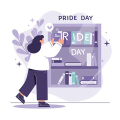 Naklejka premium Person celebrating Pride Day with bookshelf and decorations in purple tones vector illustration 