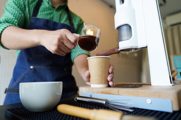 Barista Skills and Craftsmanship. A skilled barista prepares fresh coffee in an eco-friendly cafe environment.