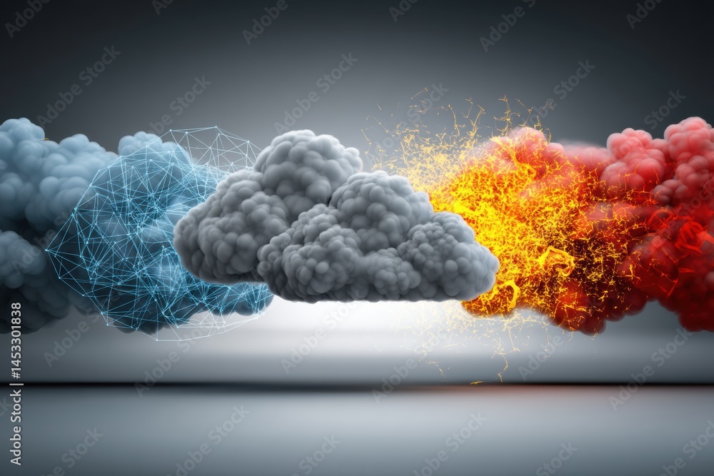 Poster cloud computing icons illustrate blocked data flows impeding digital communication across national f