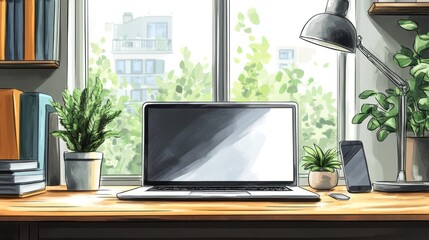 Fototapeta premium Home Office Workspace with Laptop and City View