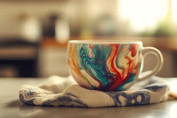 Colorful ceramic mug resting on a kitchen cloth.