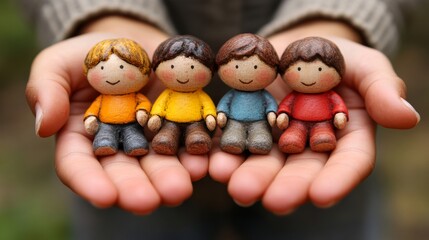 Four small, colorful figurines held in outstretched hands.