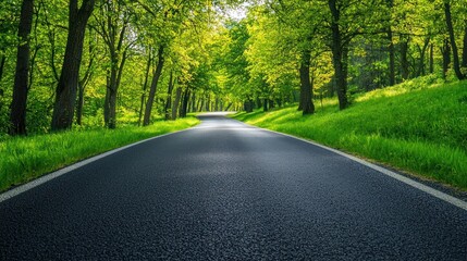 Smooth asphalt country road with vibrant green surroundings on a white background