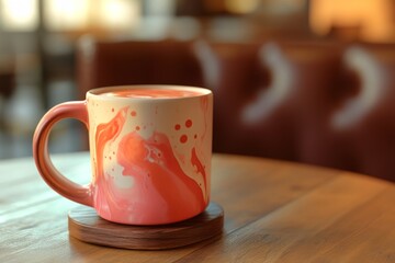 Obraz premium Pink ceramic mug on a wooden table.