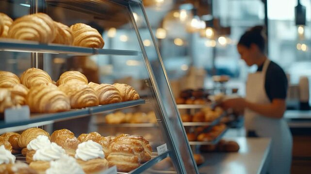 The bakery display showcases an assortment of fresh pastries and croissants, enticing customers