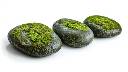 Smooth mossy river stones with damp surfaces on white background.
