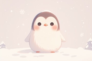 Adorable, soft penguin stands sweetly in snow. Pink cheeks, simple details