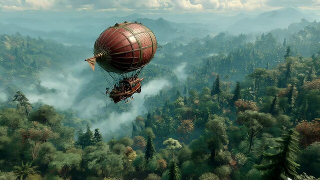 Steampunk hot air balloon over lush forest