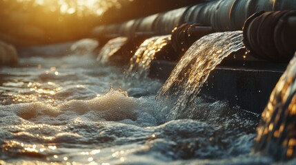 Flowing water from an industrial pipeline into a massive tank, sunlight reflecting off the surface of the water,Flowing water from an industrial pipeline filling a large tank, with sun rays highlighti