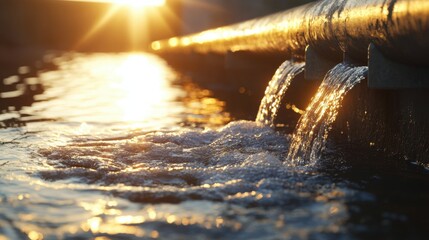 Flowing water from an industrial pipeline into a massive tank, sunlight reflecting off the surface of the water,Flowing water from an industrial pipeline filling a large tank, with sun rays highlighti