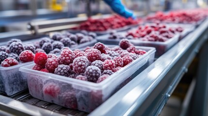 Frozen Raspberries and Blackberries on a Conveyor Belt